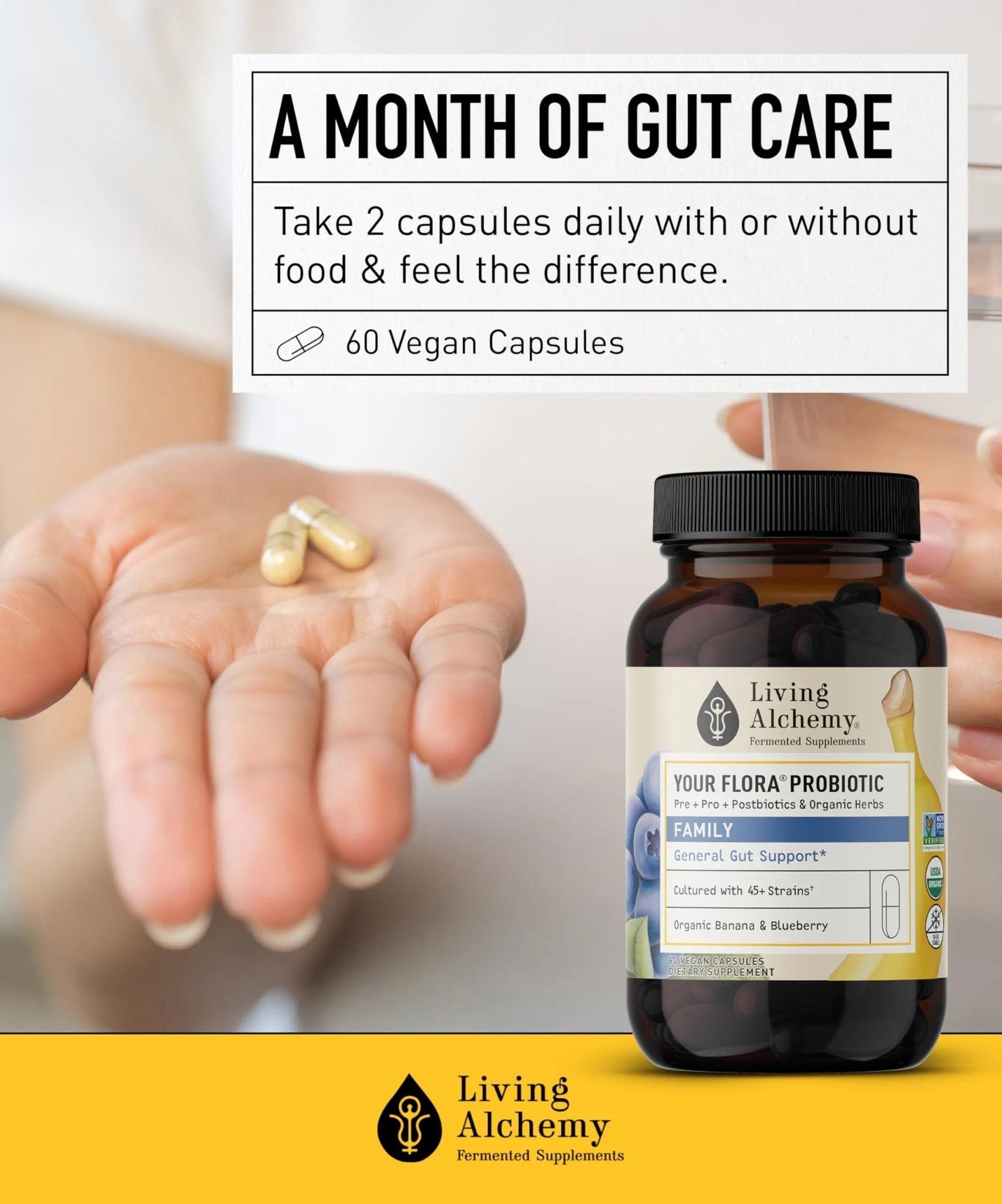 Your Flora Probiotic Family – Non-GMO Probiotics with Fermented Soybean, Banana, & Blueberry for Digestion & Gut Support – Prebiotics, Postbiotics, Digestive Enzymes – Living Alchemy, 60 Capsules - TrustMedUSA