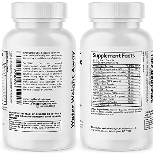 Youth & Tonic Natural Water Pills (90 Count) for Swelling Belly Bloating - TrustMedUSA