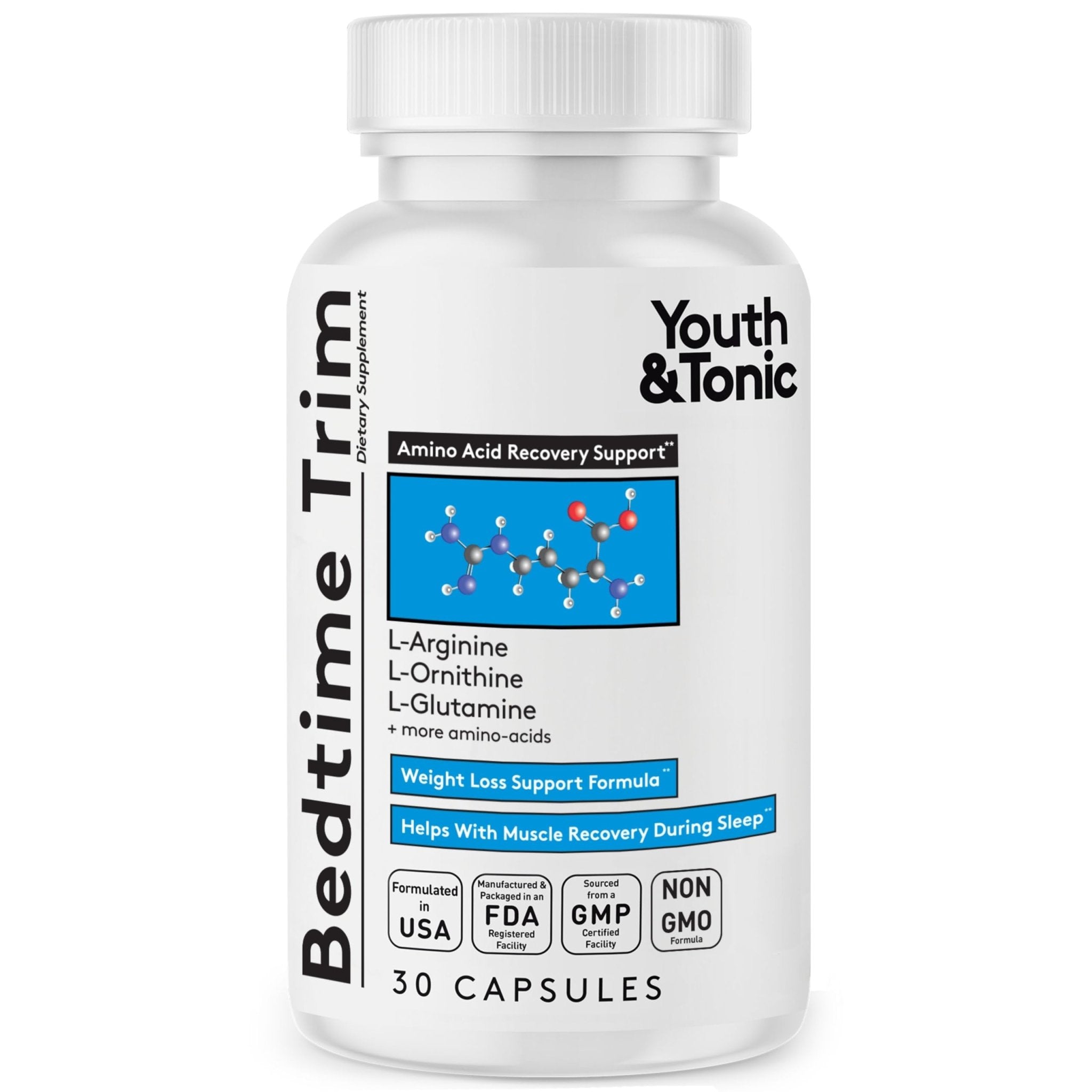 Youth & Tonic PM Bedtime Trim for Lean Appearance & Muscle Definition Support – Nighttime Amino Acids Supplement for Overnight Recovery, Men & Women, 30 Capsules - TrustMedUSA