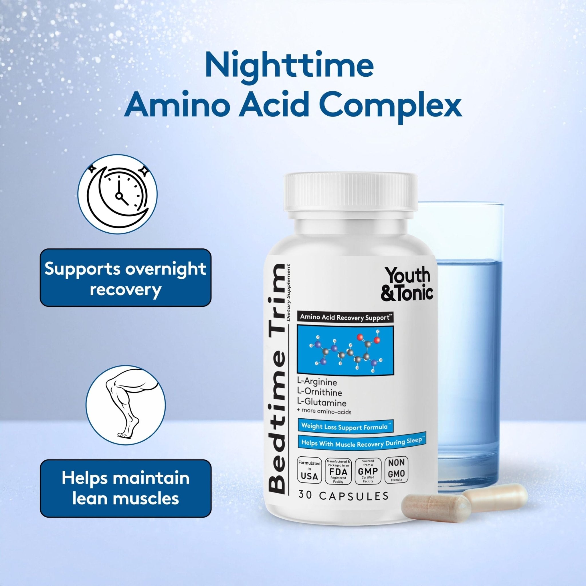 Youth & Tonic PM Bedtime Trim for Lean Appearance & Muscle Definition Support – Nighttime Amino Acids Supplement for Overnight Recovery, Men & Women, 30 Capsules - TrustMedUSA