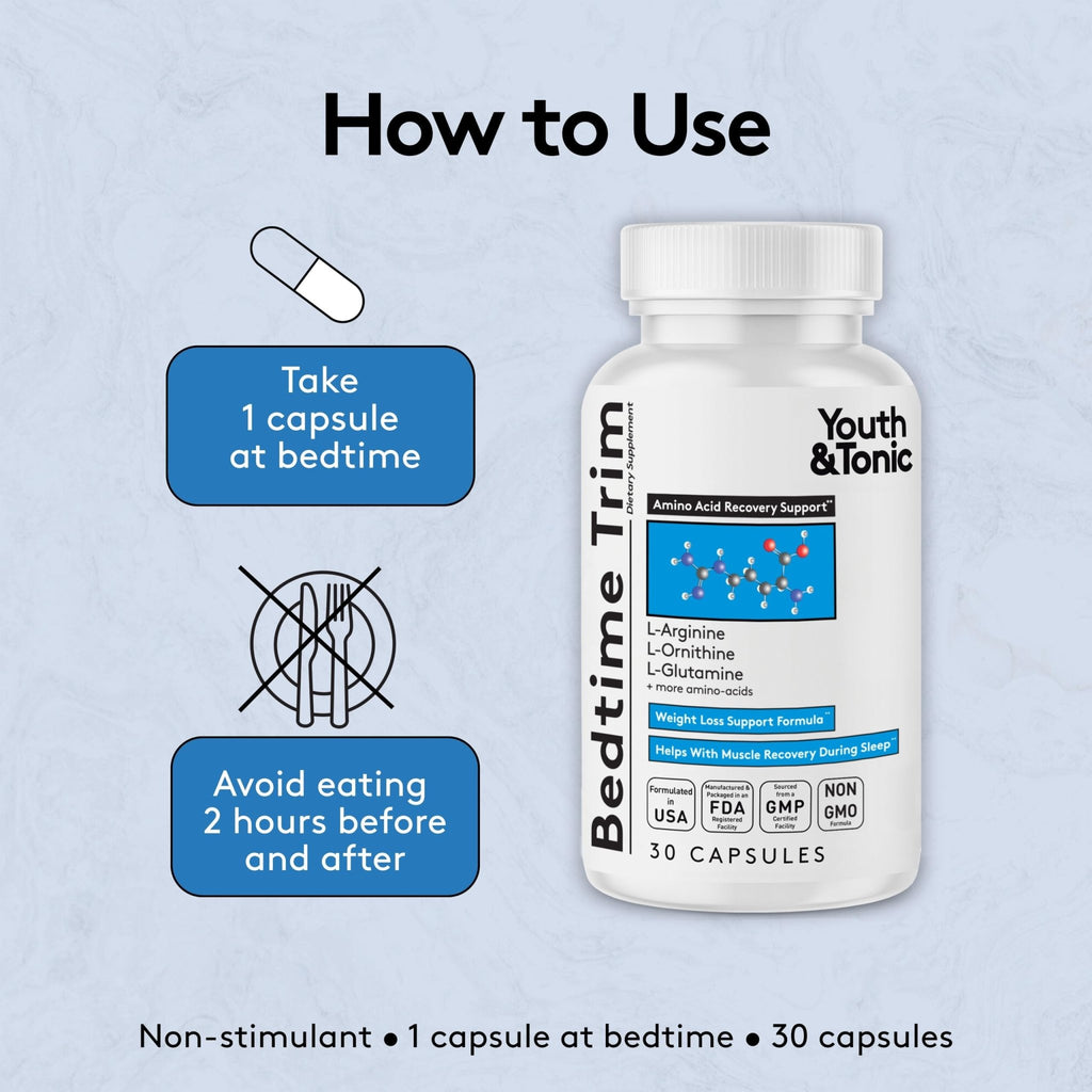 Youth & Tonic PM Bedtime Trim for Lean Appearance & Muscle Definition Support – Nighttime Amino Acids Supplement for Overnight Recovery, Men & Women, 30 Capsules - TrustMedUSA