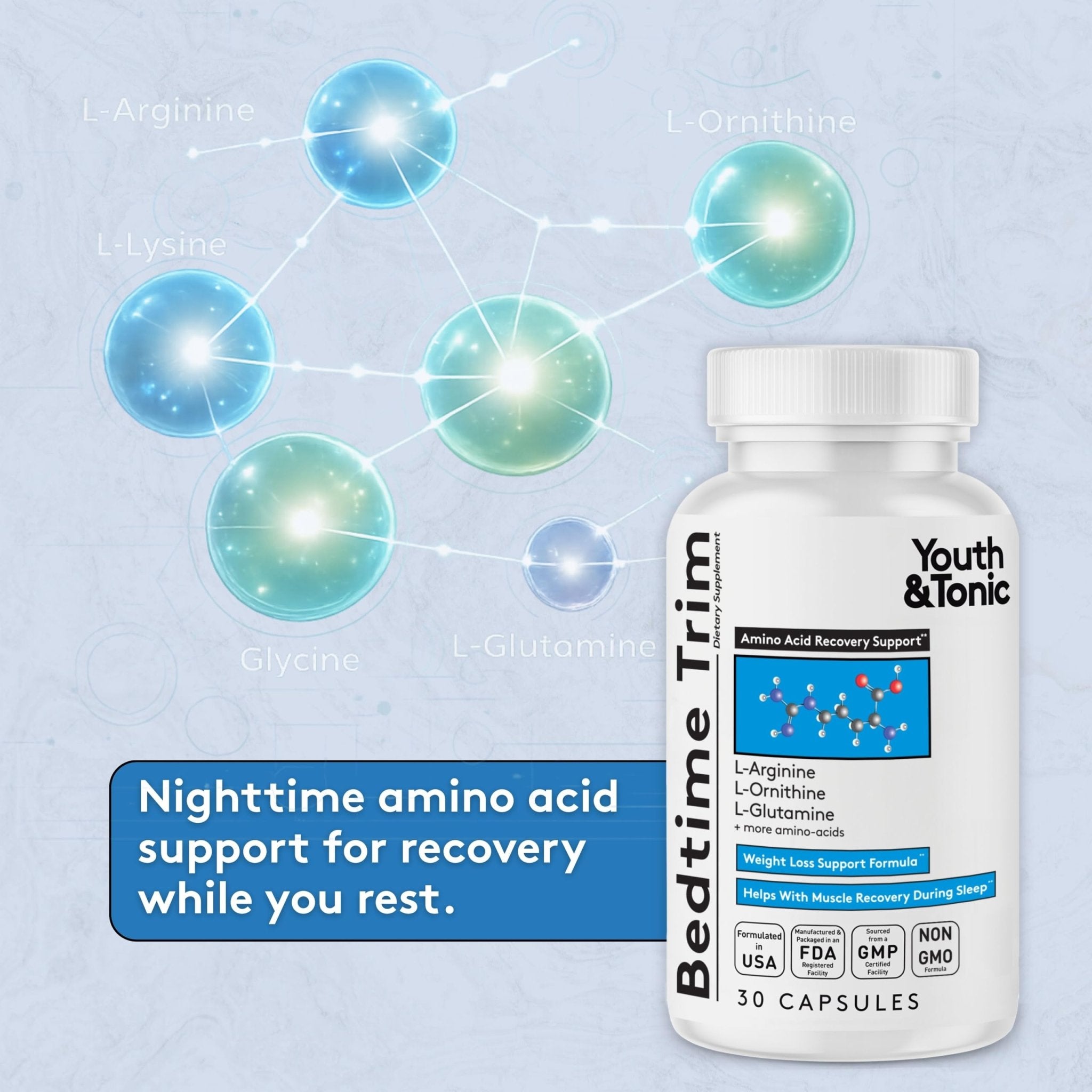 Youth & Tonic PM Bedtime Trim for Lean Appearance & Muscle Definition Support – Nighttime Amino Acids Supplement for Overnight Recovery, Men & Women, 30 Capsules - TrustMedUSA