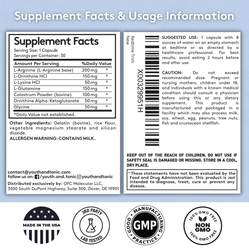Youth & Tonic PM Bedtime Trim for Lean Appearance & Muscle Definition Support – Nighttime Amino Acids Supplement for Overnight Recovery, Men & Women, 30 Capsules - TrustMedUSA
