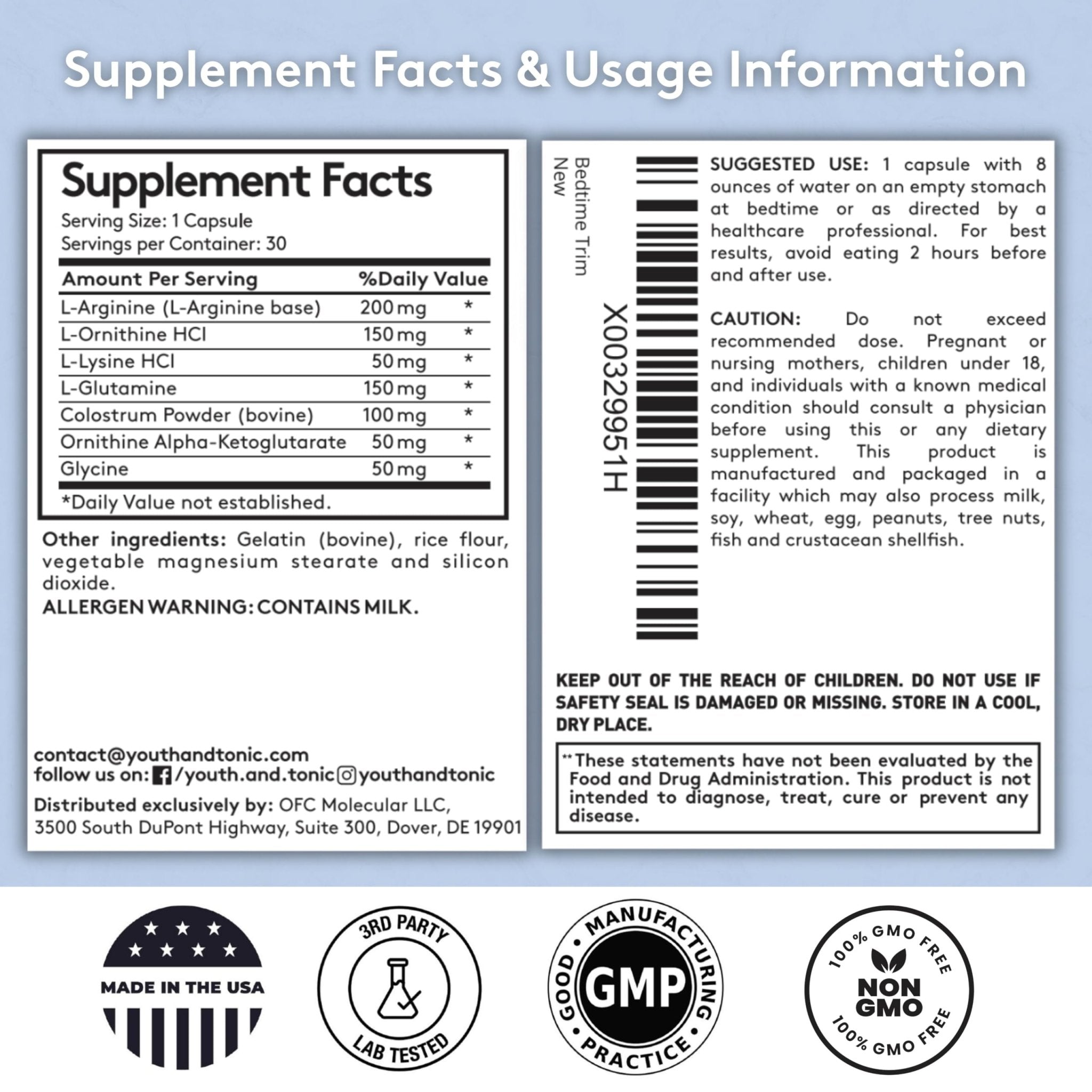 Youth & Tonic PM Bedtime Trim for Lean Appearance & Muscle Definition Support – Nighttime Amino Acids Supplement for Overnight Recovery, Men & Women, 30 Capsules - TrustMedUSA