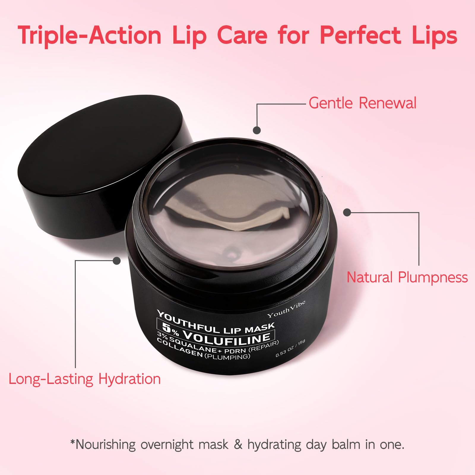 YouthVibe Lip Mask Overnight Moisturizing - Nourish & Hydrate, Antioxidants, 5% Volufiline - TrustMedUSA