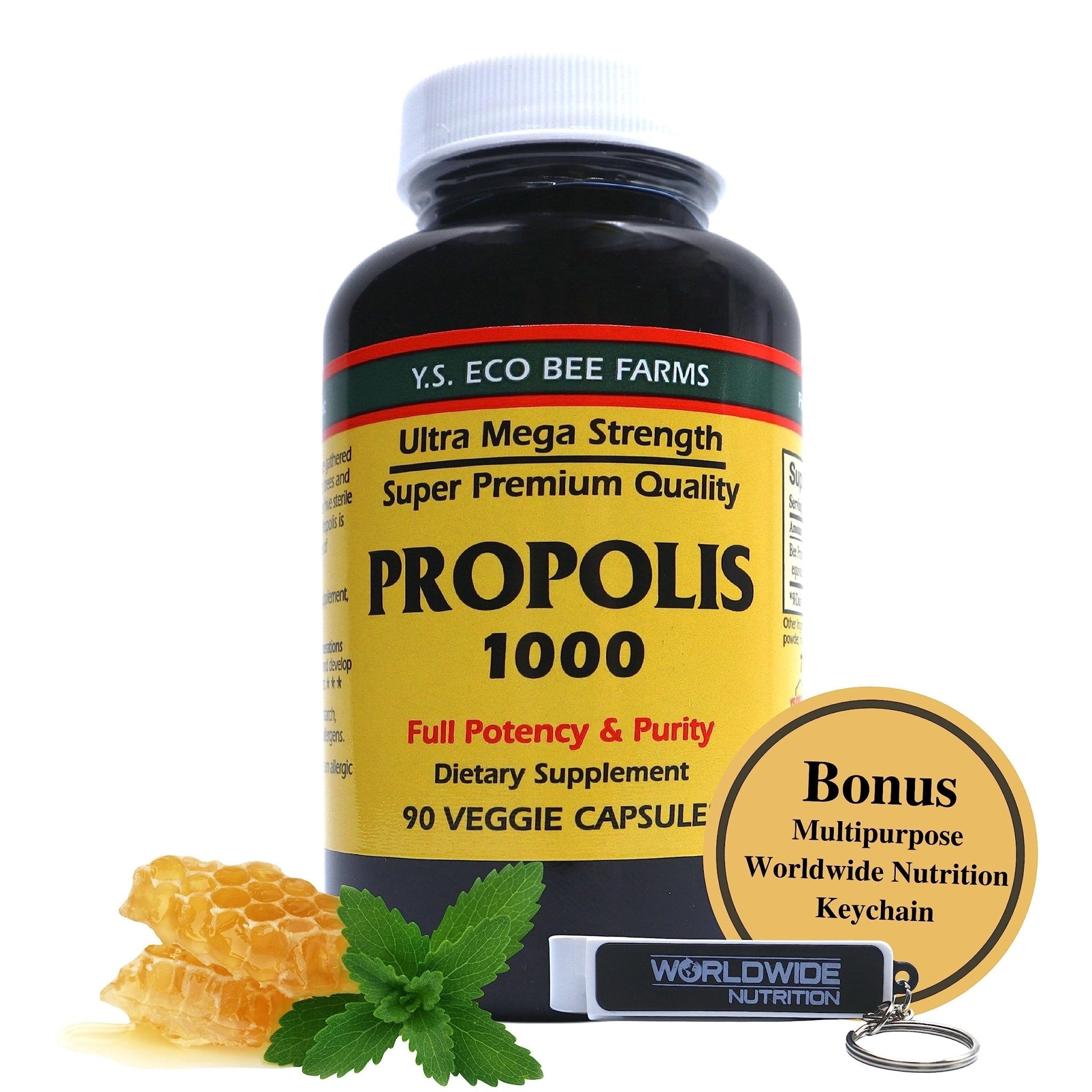 Y.S. Organic Bee Farms Propolis-Raw Unprocessed 1000mg - Your Gateway to Wellness - 90 Capsules with Bonus worldwidenutrition Multi Purpose Key Chain - TrustMedUSA