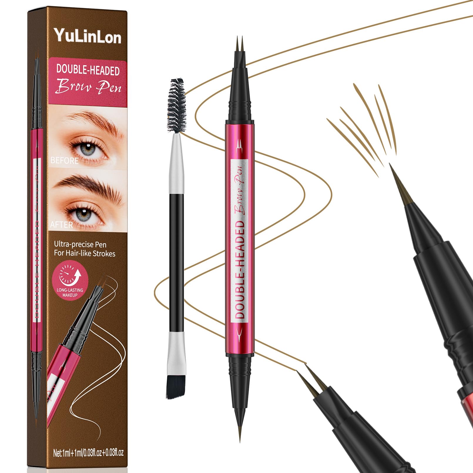 YuLinLon Double-Headed Brow Pen, Ultra-Precise Hair-Like Strokes, Long-Lasting Waterproof Makeup, Available in 5 Natural Shades (3Dark Brown) - TrustMedUSA