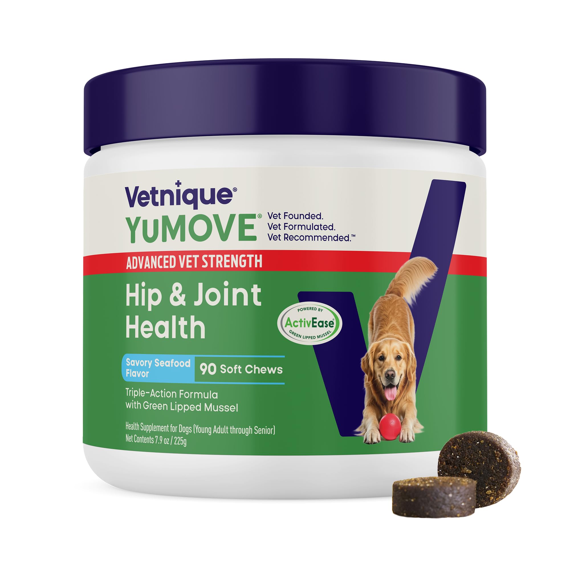 Yumove Hip & Joint Supplement for Dogs with Glucosamine, Hyaluronic Acid, Green Lipped Mussel & Omega 3 Joint Supplement - Regular or Advanced Strength (90 Count, Advanced Vet Strength Soft Chews) - TrustMedUSA