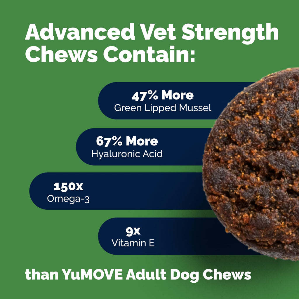 Yumove Hip & Joint Supplement for Dogs with Glucosamine, Hyaluronic Acid, Green Lipped Mussel & Omega 3 Joint Supplement - Regular or Advanced Strength (90 Count, Advanced Vet Strength Soft Chews) - TrustMedUSA
