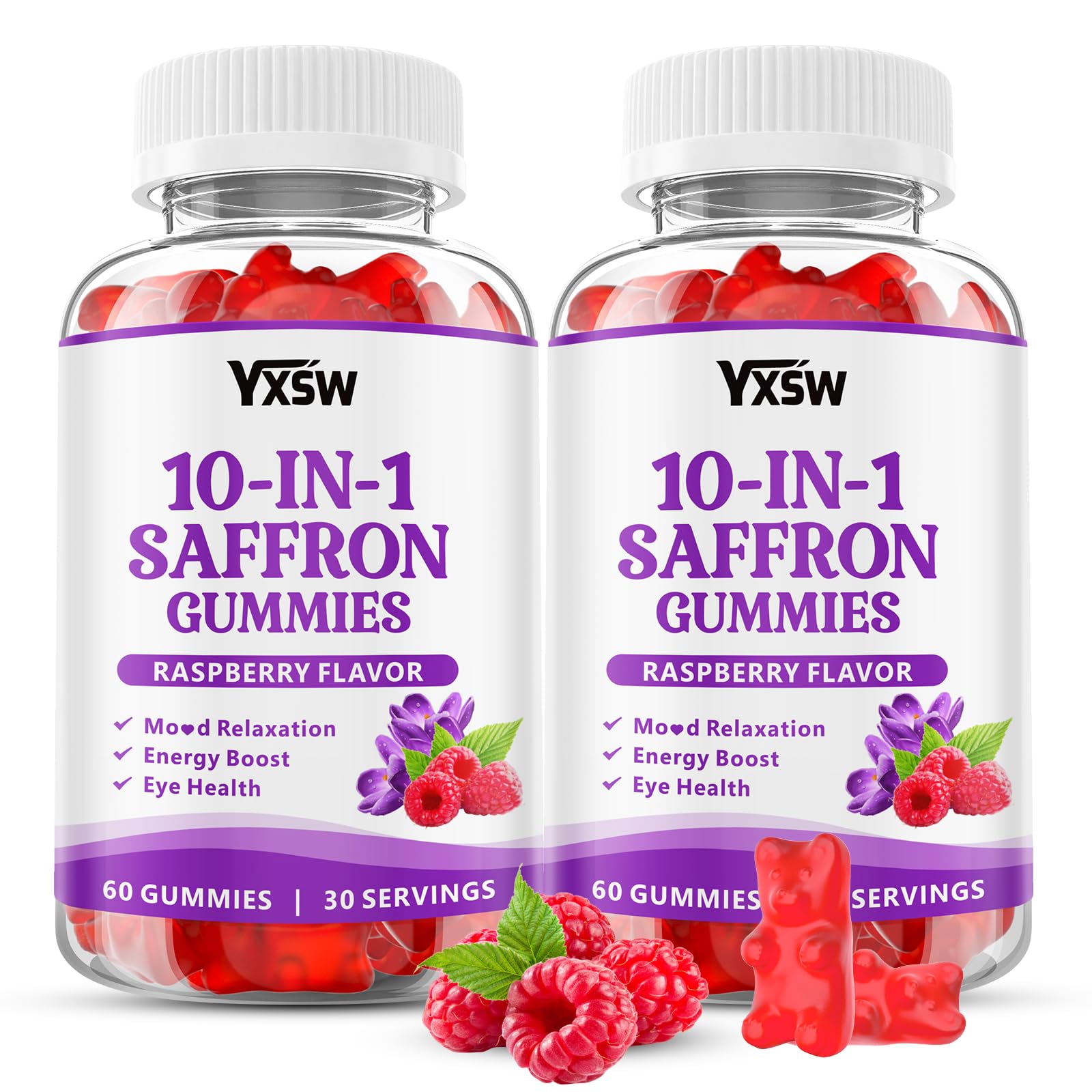 YXSW Saffron Gummies, Saffron Supplements for Kids & Adults with Ashwagandha, L-Theanine, Lemon Balm, Vitamin D3, B6, Magnesium & Zinc - Support Focus, Relaxation, Raspberry Flavor, 120 Count - TrustMedUSA