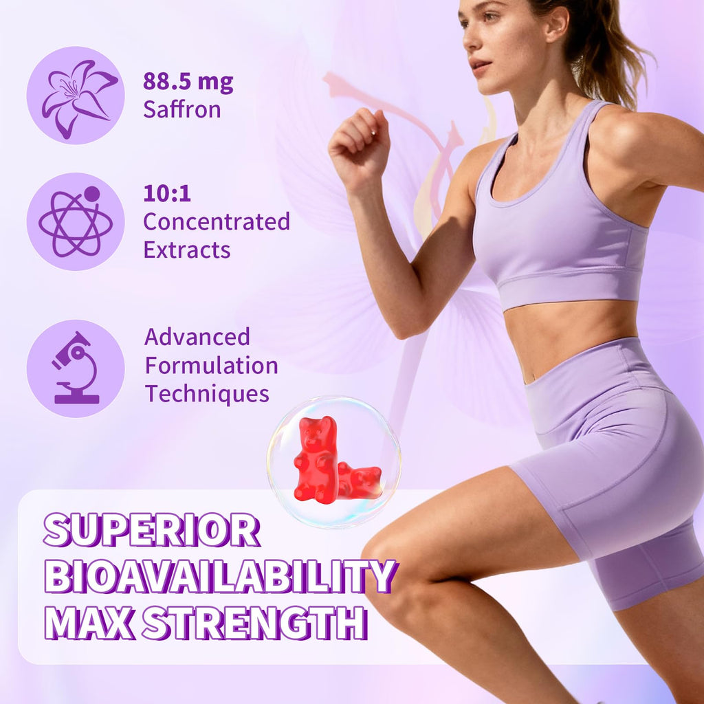 YXSW Saffron Gummies, Saffron Supplements for Kids & Adults with Ashwagandha, L-Theanine, Lemon Balm, Vitamin D3, B6, Magnesium & Zinc - Support Focus, Relaxation, Raspberry Flavor, 120 Count - TrustMedUSA
