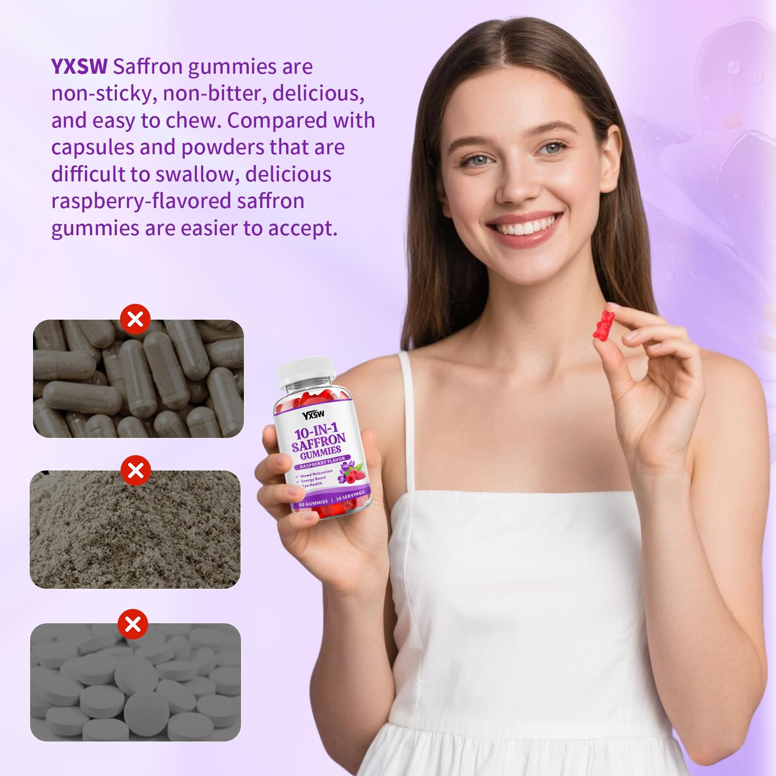 YXSW Saffron Gummies, Saffron Supplements for Kids & Adults with Ashwagandha, L-Theanine, Lemon Balm, Vitamin D3, B6, Magnesium & Zinc - Support Focus, Relaxation, Raspberry Flavor, 120 Count - TrustMedUSA