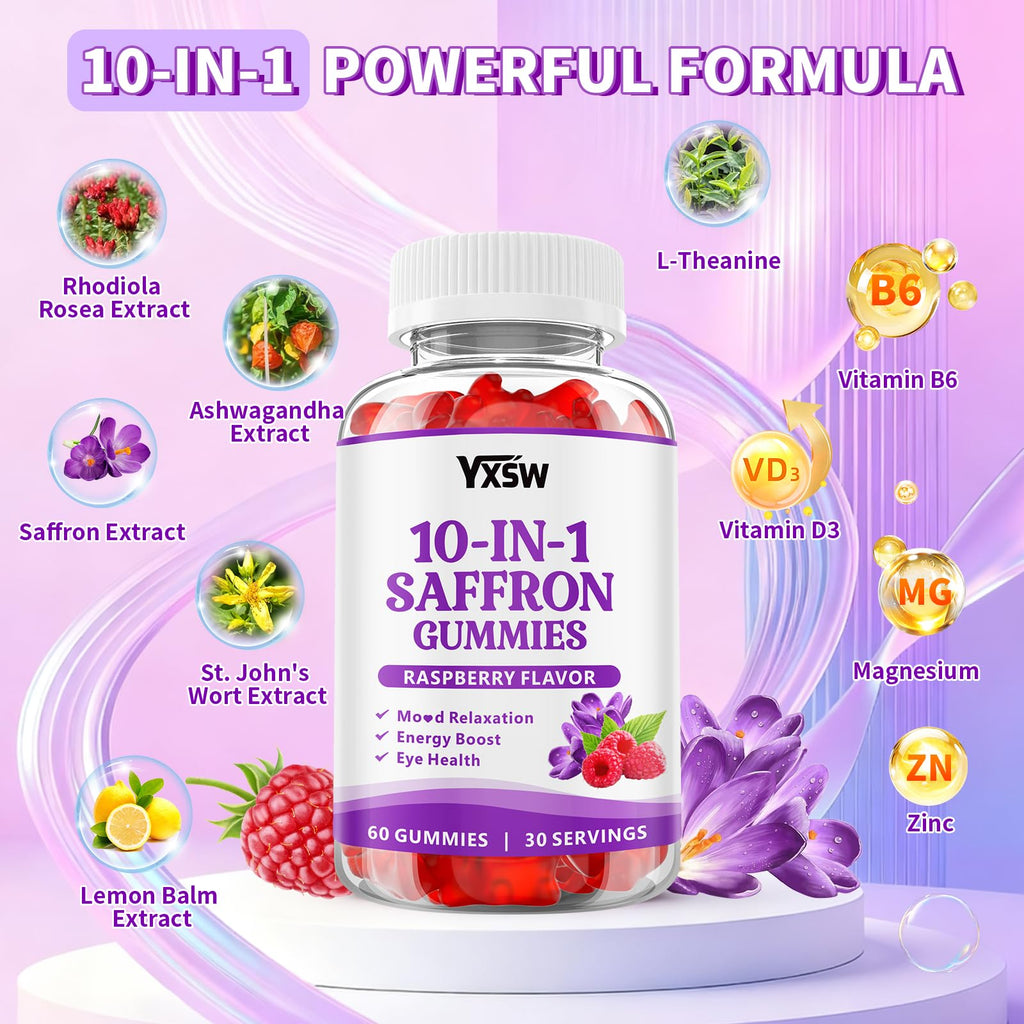 YXSW Saffron Gummies, Saffron Supplements for Kids & Adults with Ashwagandha, L-Theanine, Lemon Balm, Vitamin D3, B6, Magnesium & Zinc - Support Focus, Relaxation, Raspberry Flavor, 120 Count - TrustMedUSA