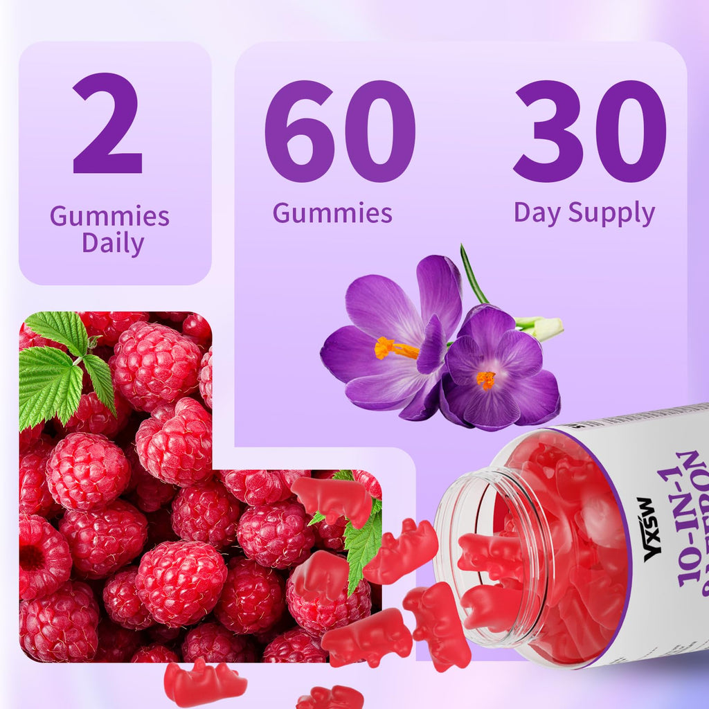 YXSW Saffron Gummies, Saffron Supplements for Kids & Adults with Ashwagandha, L-Theanine, Lemon Balm, Vitamin D3, B6, Magnesium & Zinc - Support Focus, Relaxation, Raspberry Flavor, 120 Count - TrustMedUSA