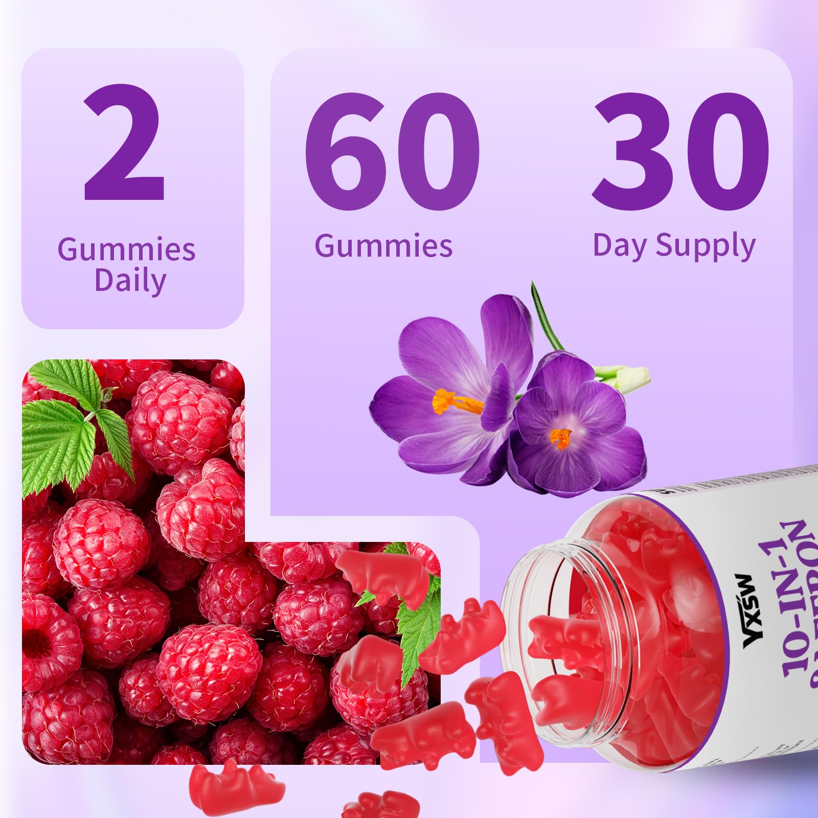 YXSW Saffron Gummies, Saffron Supplements for Kids & Adults with Ashwagandha, L-Theanine, Lemon Balm, Vitamin D3, B6, Magnesium & Zinc - Support Focus, Relaxation, Raspberry Flavor, 120 Count - TrustMedUSA