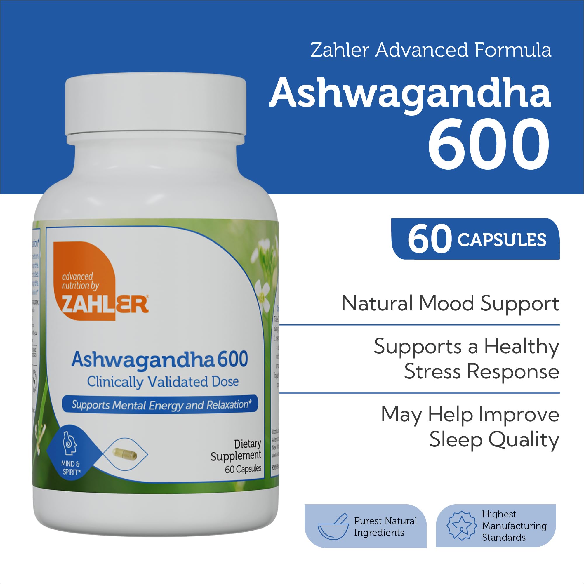 Zahler Ashwagandha Capsules, KSM-66 Aswhagandha 600mg Supplement, Relaxation and Stress Support, Kosher, 60 Capsules - TrustMedUSA