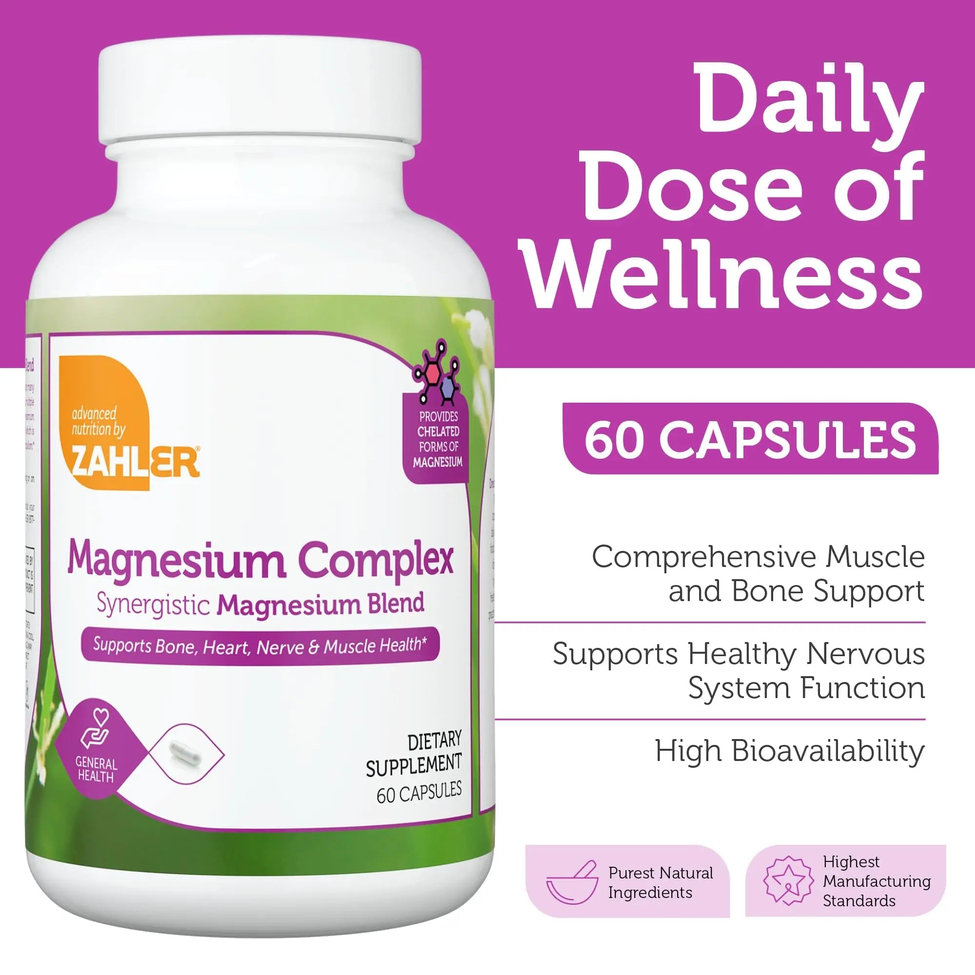 Zahler Magnesium Complex Supplement - Multi Magnesium Supplement Blend with Magnesium Glycinate, Malate, Aspartate, Taurinate and Oxide Plus Vitamin B6 - Bone Nerve Heart & Muscle Health (60 Capsules) - TrustMedUSA