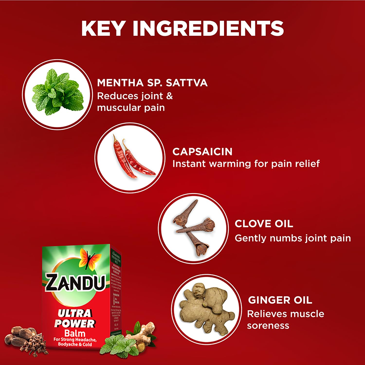 Zandu Ultra Red Balm | Ayurvedic Balm with Menthol, Camphor, Eucalyptus Oil | Relieves from Bodyache, Cold & Muscle Stiffness | Non Greasy & Fast Acting | 0.85 Fl Oz (Pack of 1) - TrustMedUSA