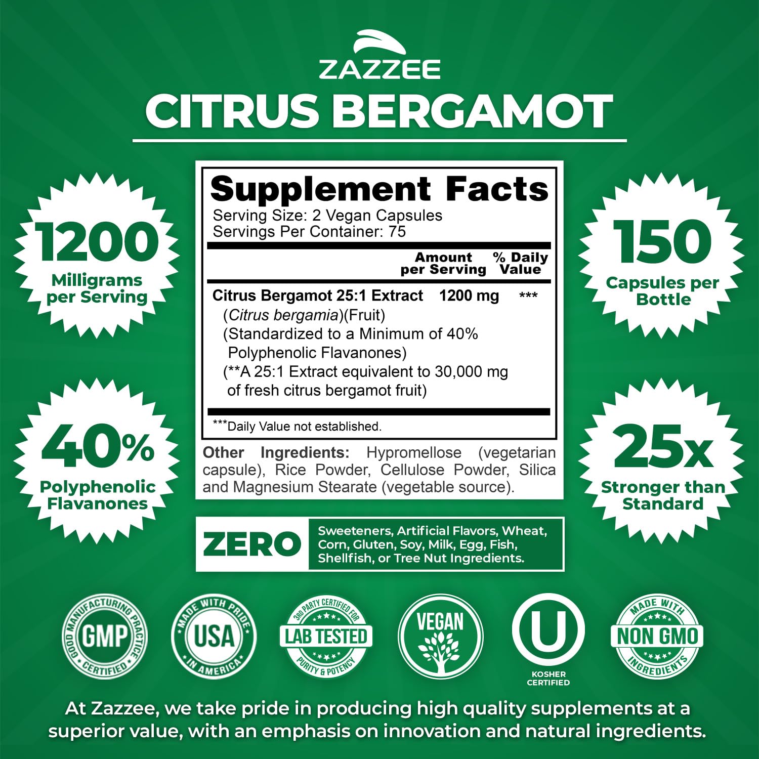 Zazzee Citrus Bergamot 25:1 Extract, 1200 mg Per Serving, 40% Polyphenolic Flavanones, 150 Vegan Capsules, 5 Month Supply, Citrus Bergamia, Antioxidant Support, Certified Kosher, Non-GMO, Made in USA - TrustMedUSA