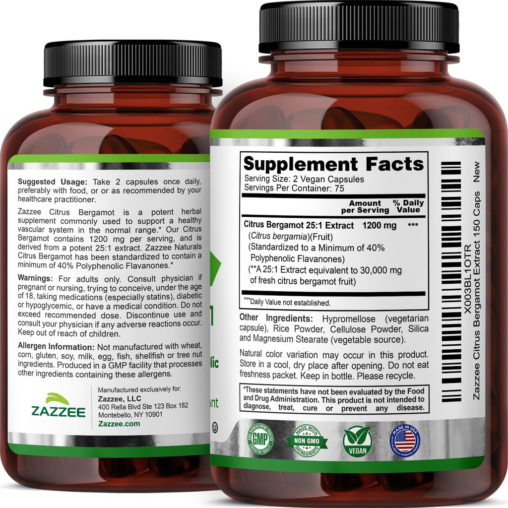 Zazzee Citrus Bergamot 25:1 Extract, 1200 mg Per Serving, 40% Polyphenolic Flavanones, 150 Vegan Capsules, 5 Month Supply, Citrus Bergamia, Antioxidant Support, Certified Kosher, Non-GMO, Made in USA - TrustMedUSA