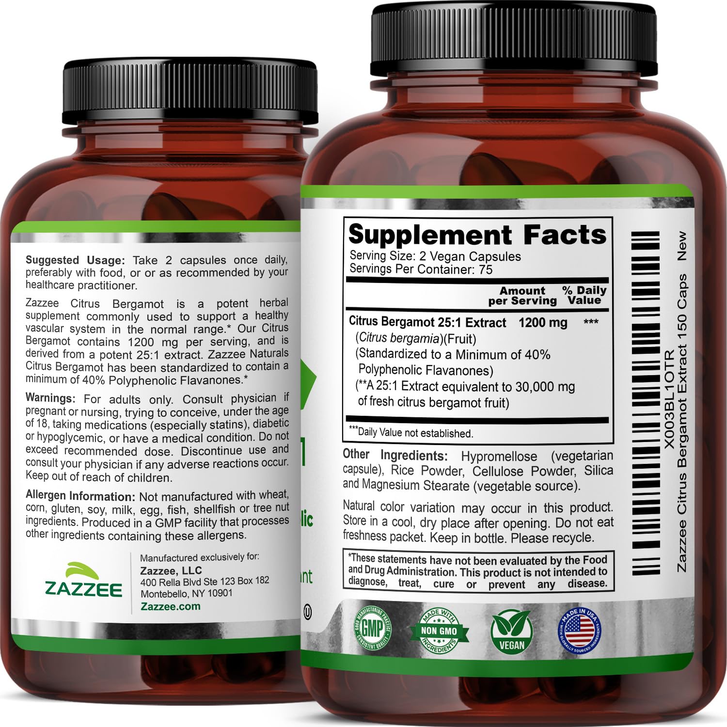 Zazzee Citrus Bergamot 25:1 Extract, 1200 mg Per Serving, 40% Polyphenolic Flavanones, 150 Vegan Capsules, 5 Month Supply, Citrus Bergamia, Antioxidant Support, Certified Kosher, Non-GMO, Made in USA - TrustMedUSA