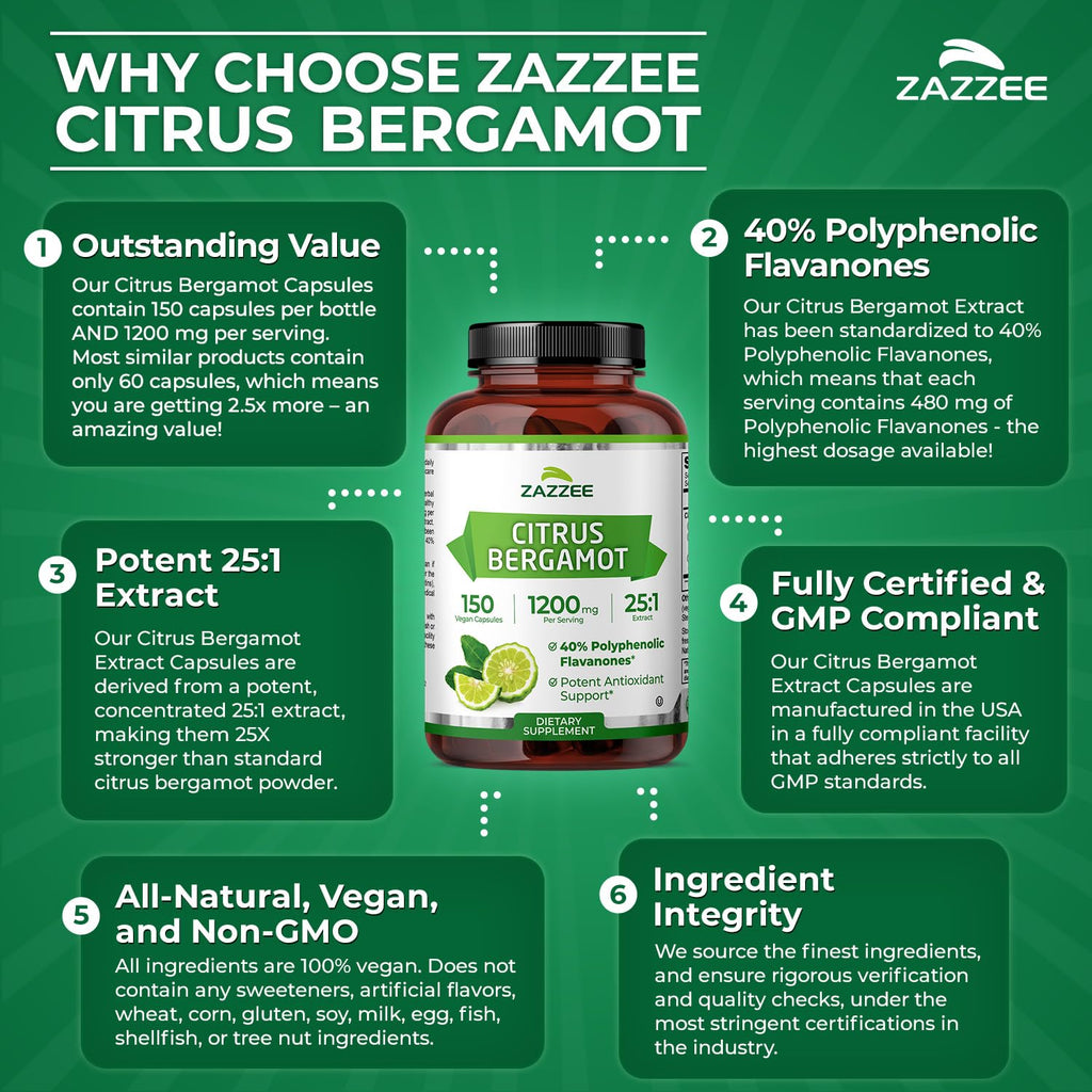Zazzee Citrus Bergamot 25:1 Extract, 1200 mg Per Serving, 40% Polyphenolic Flavanones, 150 Vegan Capsules, 5 Month Supply, Citrus Bergamia, Antioxidant Support, Certified Kosher, Non-GMO, Made in USA - TrustMedUSA