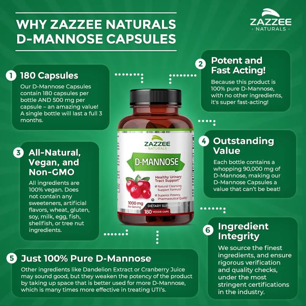 Zazzee D-Mannose, 1000 mg per Serving, 180 Vegan Capsules, 3 Month Supply, Potent - TrustMedUSA