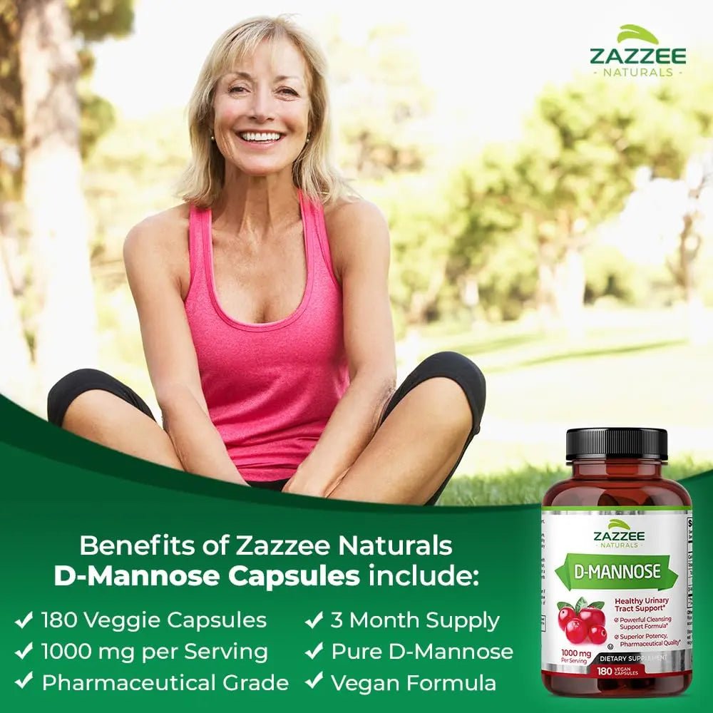 Zazzee D-Mannose, 1000 mg per Serving, 180 Vegan Capsules, 3 Month Supply, Potent - TrustMedUSA