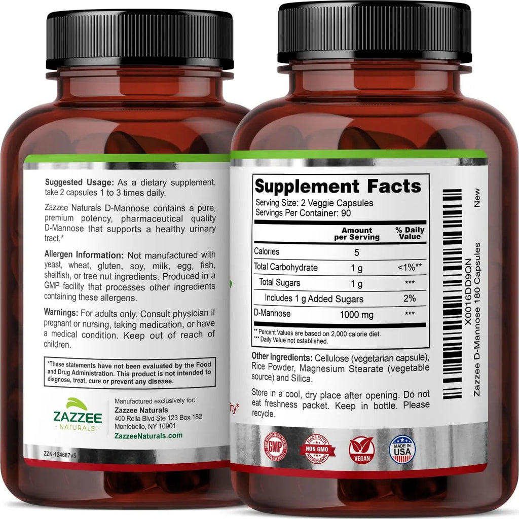 Zazzee D-Mannose, 1000 mg per Serving, 180 Vegan Capsules, 3 Month Supply, Potent - TrustMedUSA
