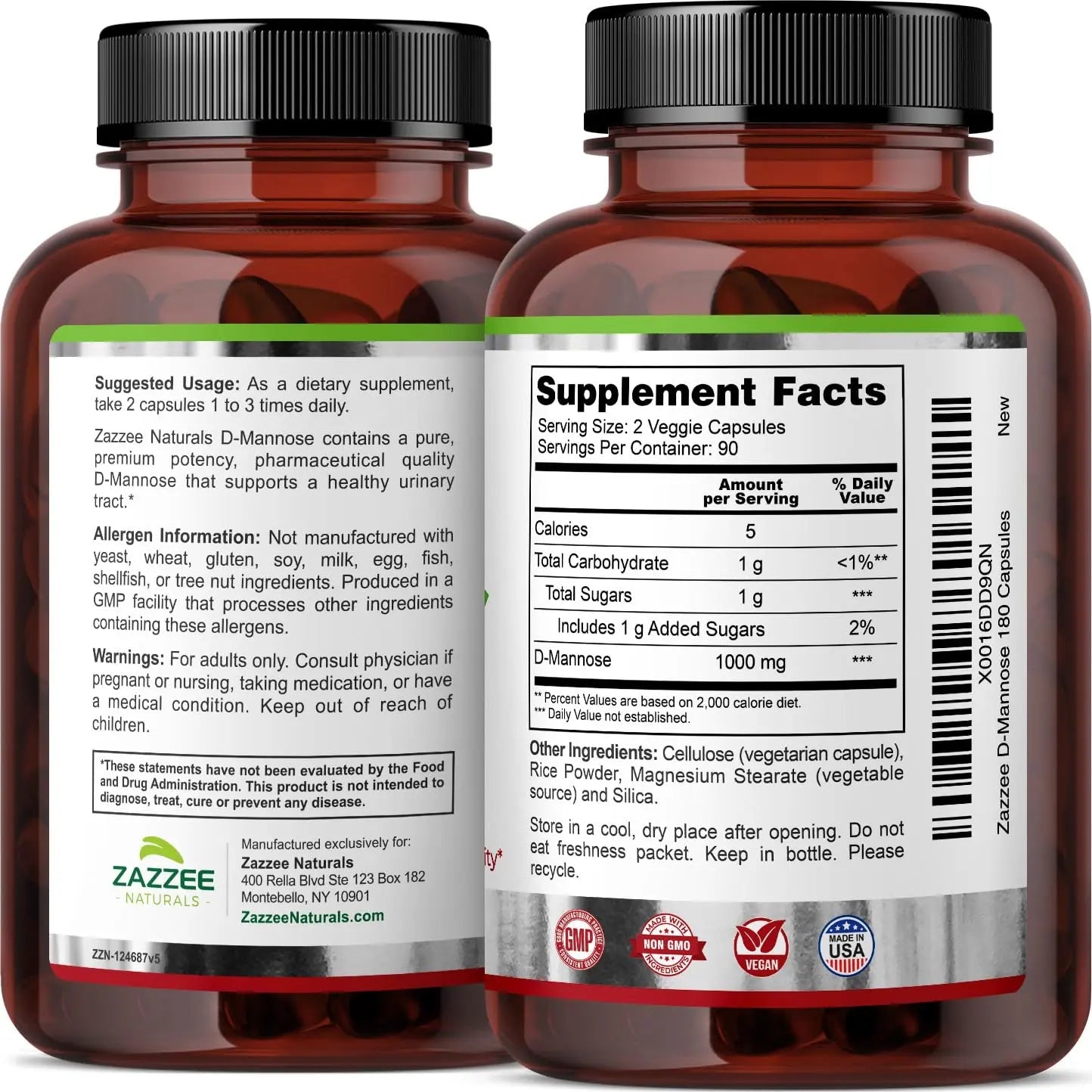 Zazzee D-Mannose, 1000 mg per Serving, 180 Vegan Capsules, 3 Month Supply, Potent - TrustMedUSA