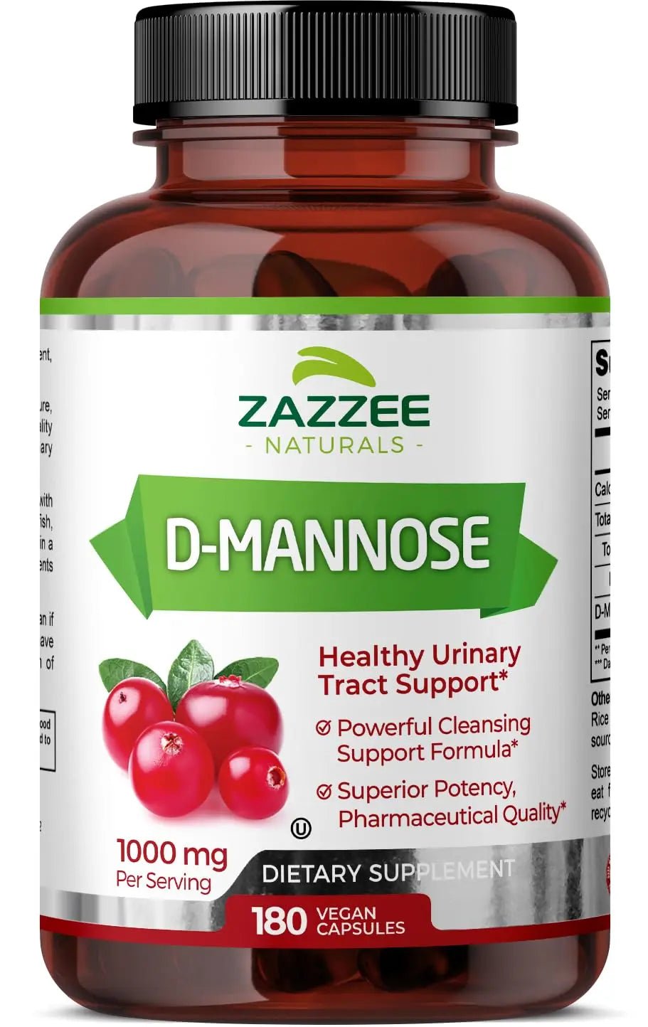 Zazzee D-Mannose, 1000 mg per Serving, 180 Vegan Capsules, 3 Month Supply, Potent - TrustMedUSA