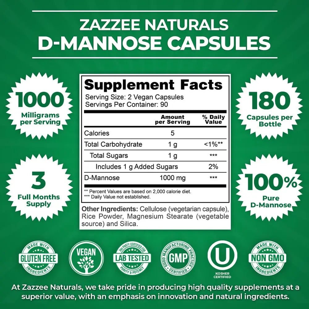 Zazzee D-Mannose, 1000 mg per Serving, 180 Vegan Capsules, 3 Month Supply, Potent - TrustMedUSA