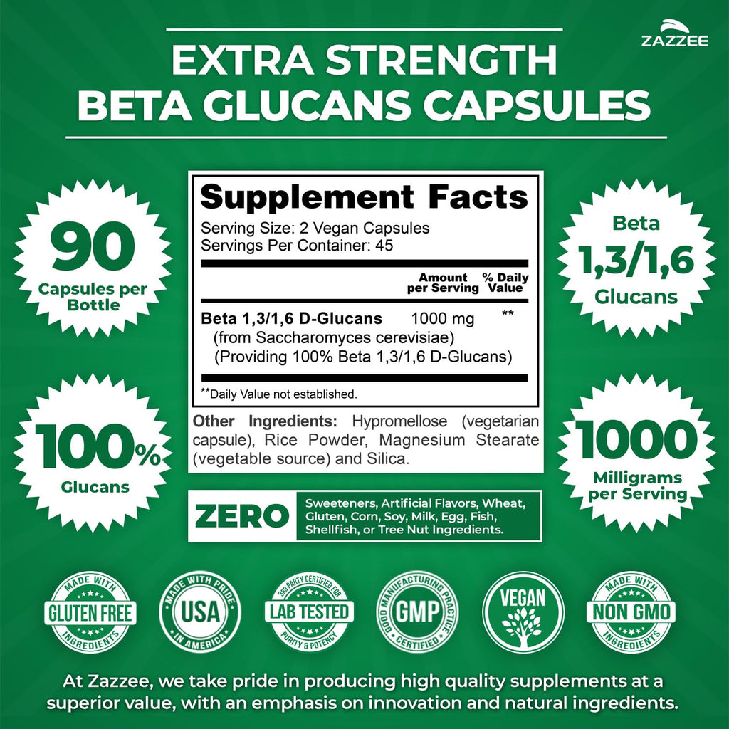 Zazzee Extra Strength 1,3/1,6 Beta Glucans, 1000 mg, 100% Concentrated, 90 Vegan Capsules, Supports a Healthy Immune System, 100% Vegetarian, All-Natural and Non-GMO - TrustMedUSA