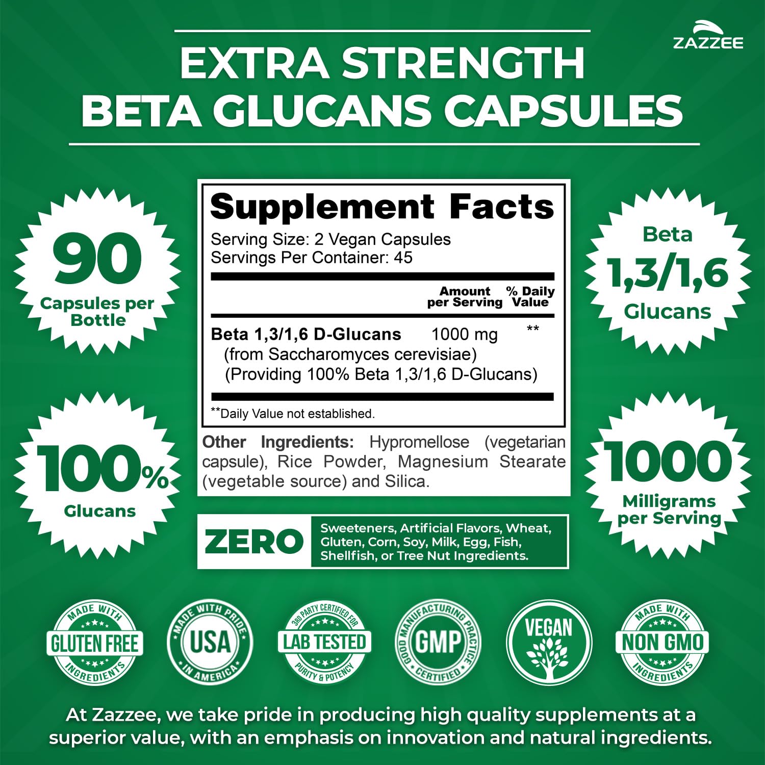Zazzee Extra Strength 1,3/1,6 Beta Glucans, 1000 mg, 100% Concentrated, 90 Vegan Capsules, Supports a Healthy Immune System, 100% Vegetarian, All-Natural and Non-GMO - TrustMedUSA