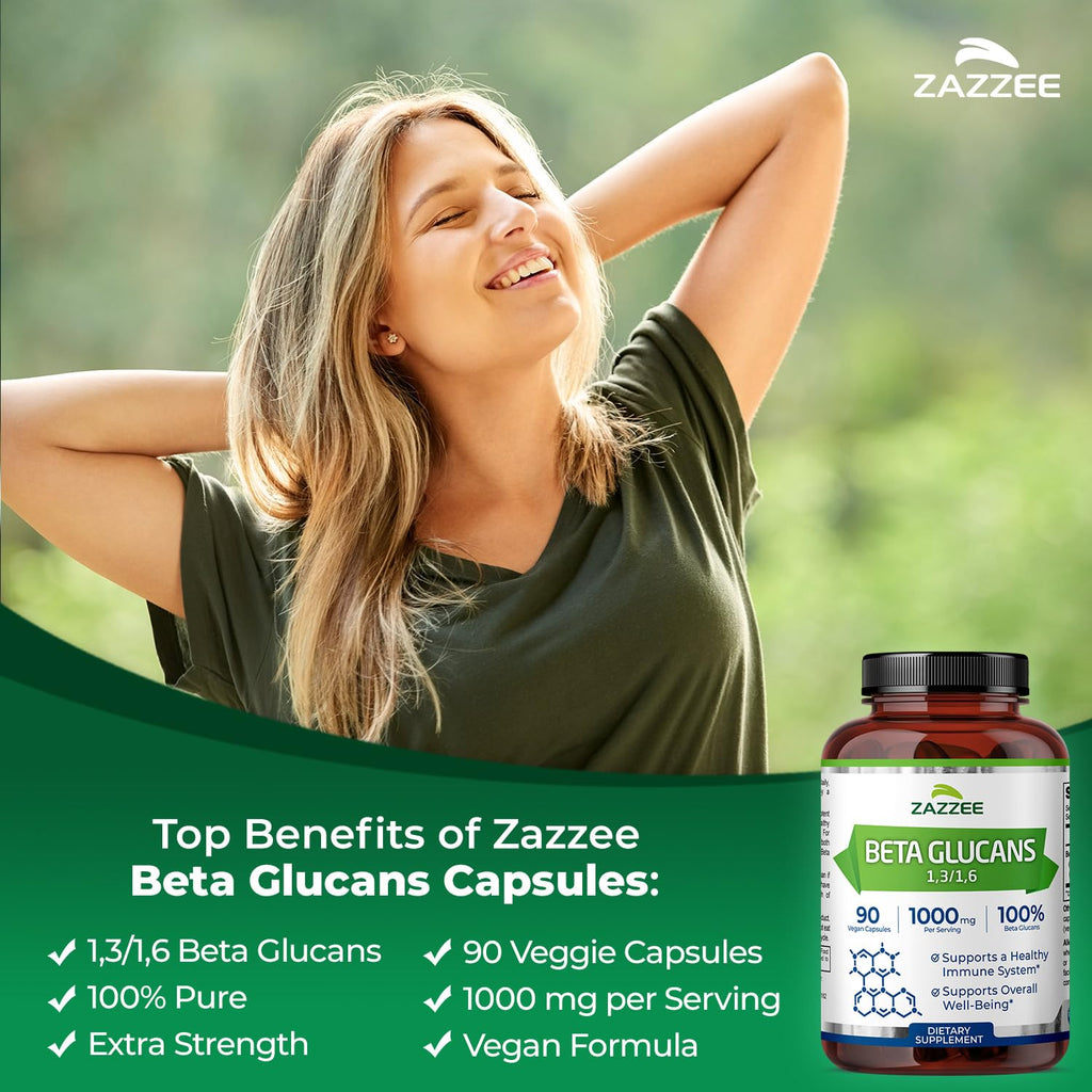 Zazzee Extra Strength 1,3/1,6 Beta Glucans, 1000 mg, 100% Concentrated, 90 Vegan Capsules, Supports a Healthy Immune System, 100% Vegetarian, All-Natural and Non-GMO - TrustMedUSA
