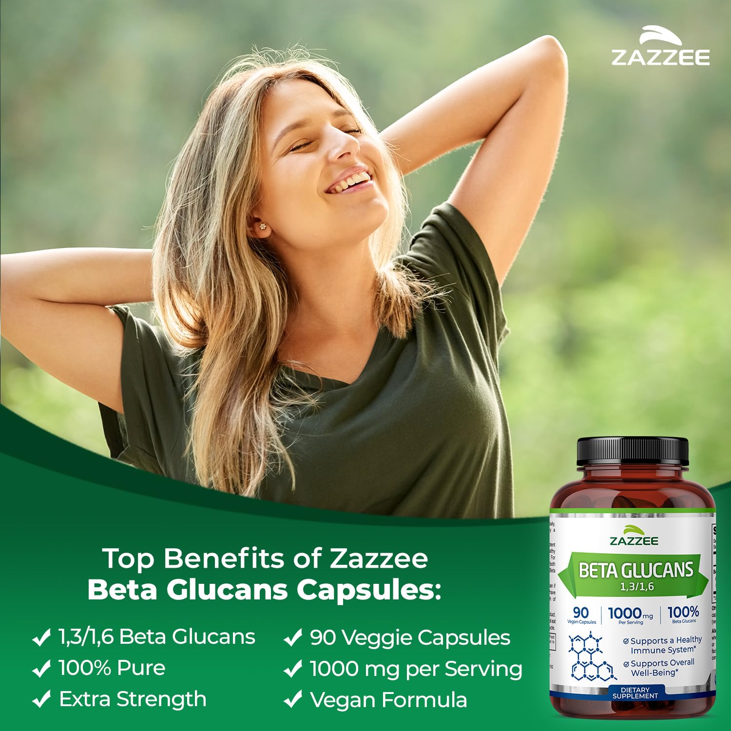 Zazzee Extra Strength 1,3/1,6 Beta Glucans, 1000 mg, 100% Concentrated, 90 Vegan Capsules, Supports a Healthy Immune System, 100% Vegetarian, All-Natural and Non-GMO - TrustMedUSA