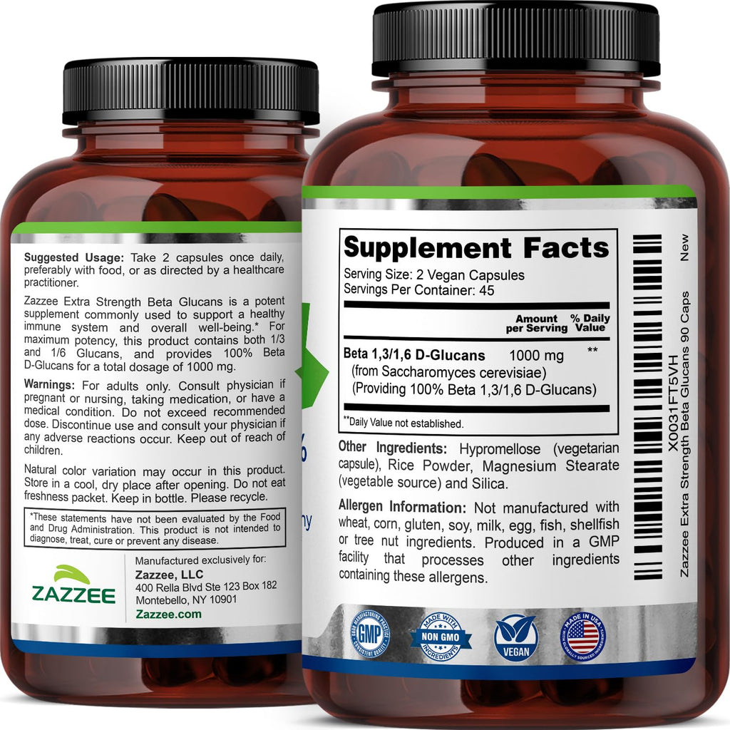 Zazzee Extra Strength 1,3/1,6 Beta Glucans, 1000 mg, 100% Concentrated, 90 Vegan Capsules, Supports a Healthy Immune System, 100% Vegetarian, All-Natural and Non-GMO - TrustMedUSA