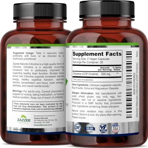 Zazzee Extra Strength Citicoline CDP Choline, 500 mg per Serving, 100 Vegan Capsules - TrustMedUSA