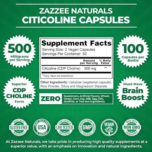 Zazzee Extra Strength Citicoline CDP Choline, 500 mg per Serving, 100 Vegan Capsules - TrustMedUSA