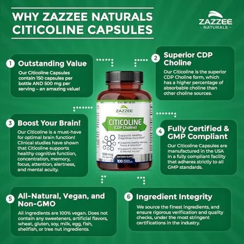 Zazzee Extra Strength Citicoline CDP Choline, 500 mg per Serving, 100 Vegan Capsules - TrustMedUSA