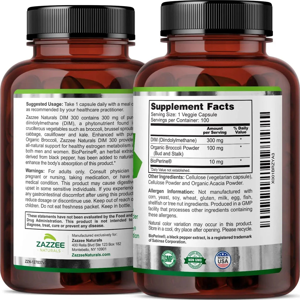 Zazzee Extra Strength DIM 300, 10 mg BioPerine and 300 mg DIM per Capsule, 100 Vegan - TrustMedUSA