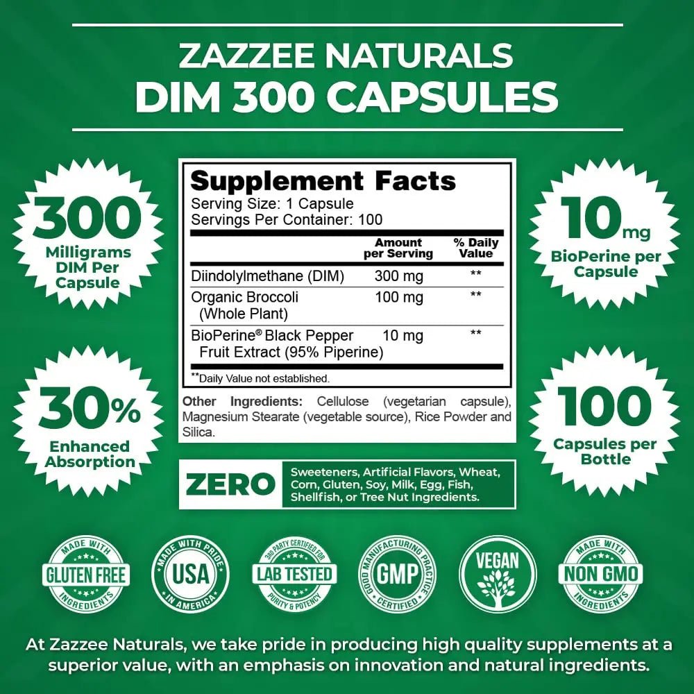 Zazzee Extra Strength DIM 300, 10 mg BioPerine and 300 mg DIM per Capsule, 100 Vegan - TrustMedUSA