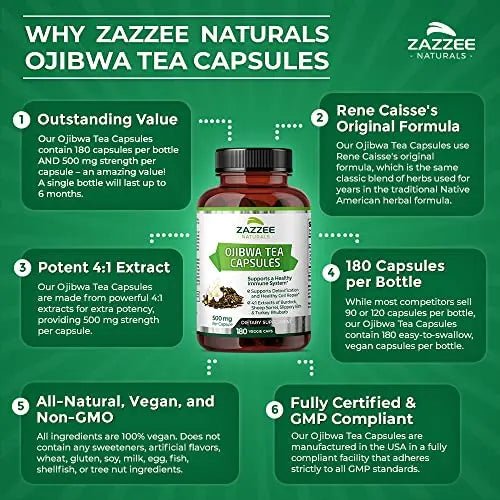 Zazzee Extra Strength Ojibwa Tea 500 mg, 180 Vegan Capsules, Rene Caisse's Original - TrustMedUSA