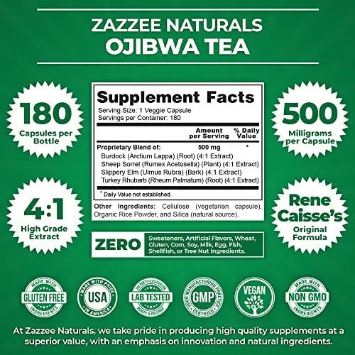 Zazzee Extra Strength Ojibwa Tea 500 mg, 180 Vegan Capsules, Rene Caisse's Original - TrustMedUSA