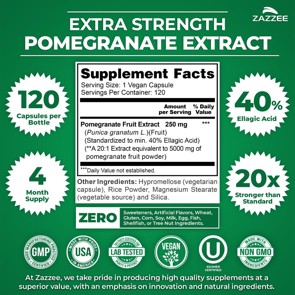Zazzee Extra Strength Pomegranate 20:1 Extract, 40% Ellagic Acid, 120 Vegan Capsules, 4 Month Supply, Punica Granatum, Antioxidant & Cellular Health Support, Non-GMO, Made in the USA - TrustMedUSA