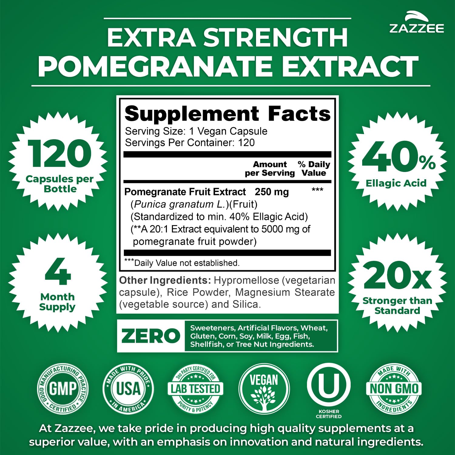 Zazzee Extra Strength Pomegranate 20:1 Extract, 40% Ellagic Acid, 120 Vegan Capsules, 4 Month Supply, Punica Granatum, Antioxidant & Cellular Health Support, Non-GMO, Made in the USA - TrustMedUSA