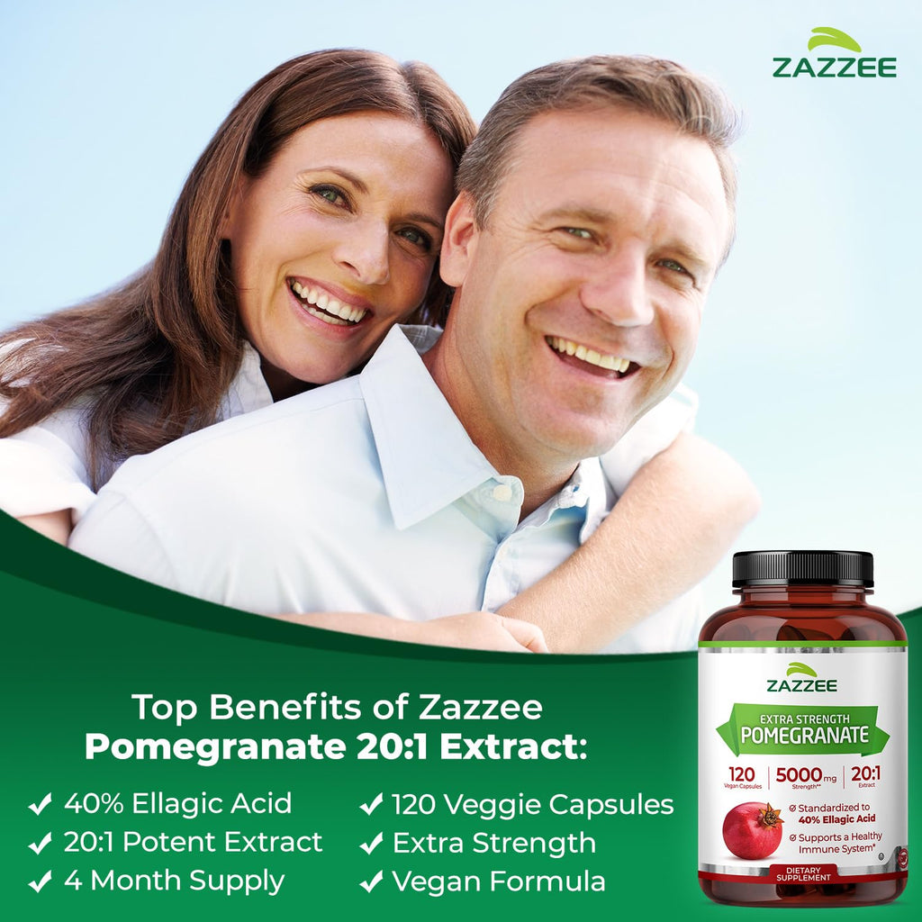 Zazzee Extra Strength Pomegranate 20:1 Extract, 40% Ellagic Acid, 120 Vegan Capsules, 4 Month Supply, Punica Granatum, Antioxidant & Cellular Health Support, Non-GMO, Made in the USA - TrustMedUSA