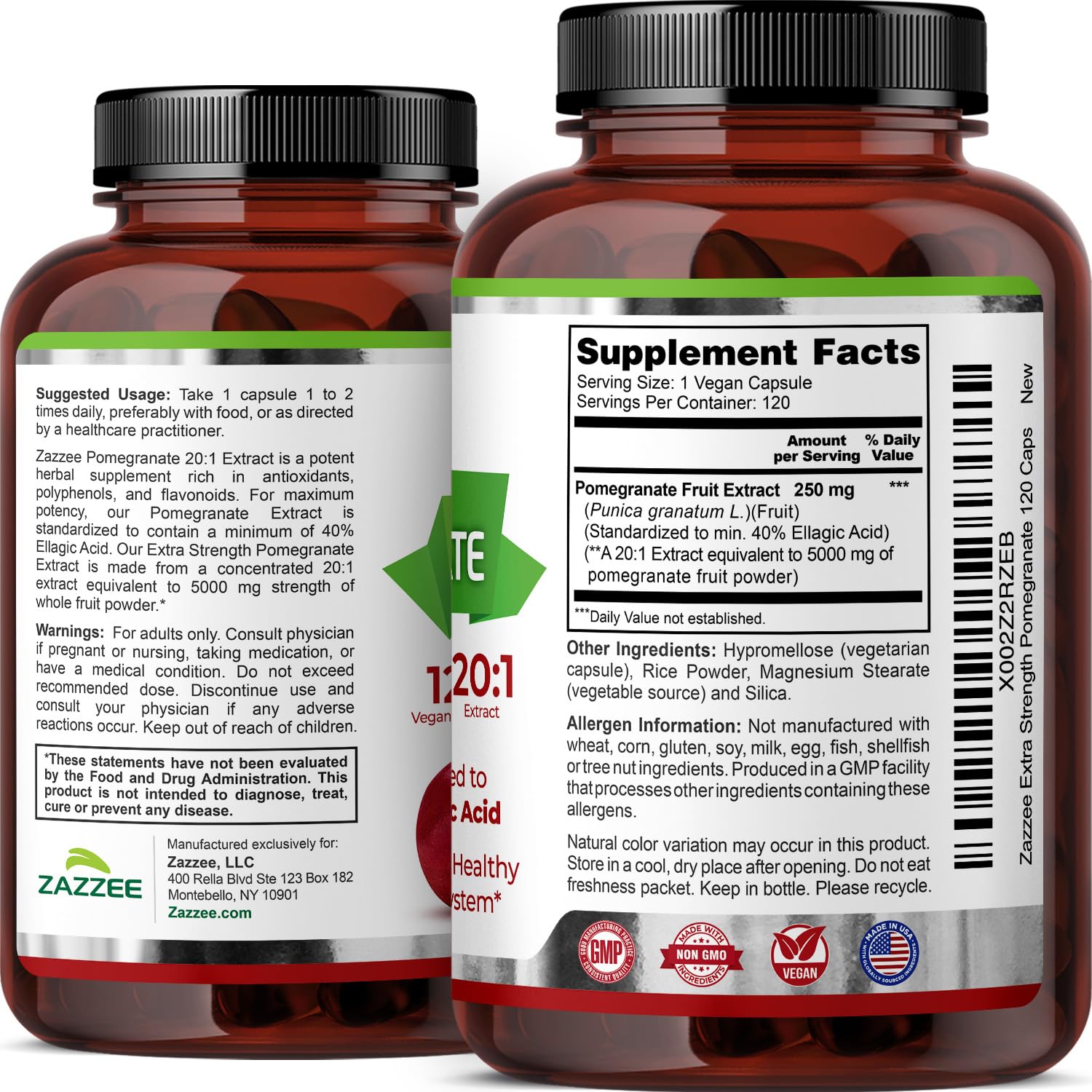 Zazzee Extra Strength Pomegranate 20:1 Extract, 40% Ellagic Acid, 120 Vegan Capsules, 4 Month Supply, Punica Granatum, Antioxidant & Cellular Health Support, Non-GMO, Made in the USA - TrustMedUSA