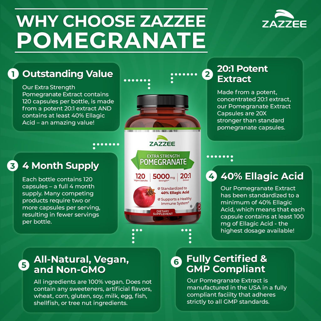 Zazzee Extra Strength Pomegranate 20:1 Extract, 40% Ellagic Acid, 120 Vegan Capsules, 4 Month Supply, Punica Granatum, Antioxidant & Cellular Health Support, Non-GMO, Made in the USA - TrustMedUSA