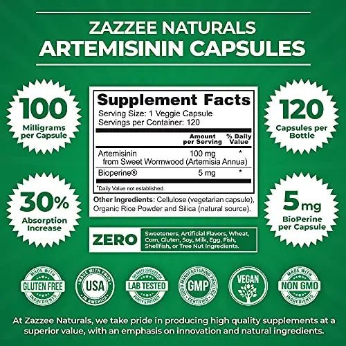 Zazzee High Absorption Artemisinin, 100 mg per Capsule, 120 Vegan Capsules, with 5 mg - TrustMedUSA
